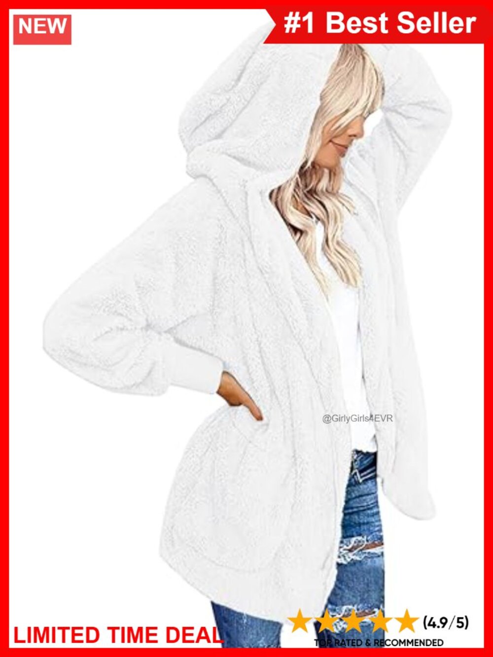 Fuzzy Sherpa Hooded Cardigan Open Front Coat with Pockets
